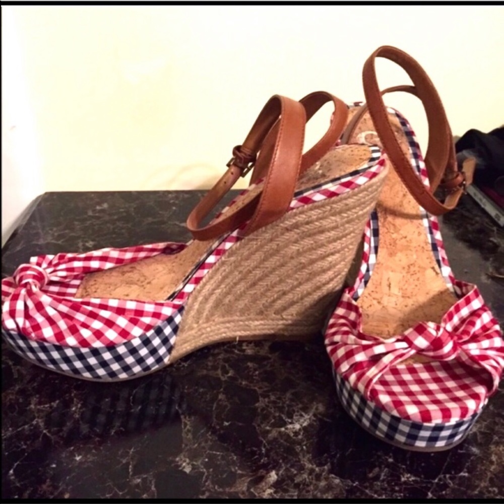 GIANNI BINI Red/Blue Checkered Ankle Wrap Wedges - Picture 7 of 7